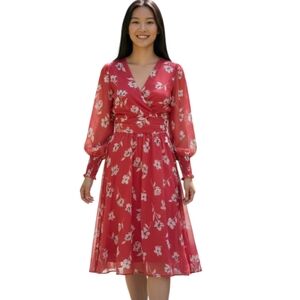 Lush red floral plunging v neck chiffon fairy smocked Cherry Girl dress NWT sz S
